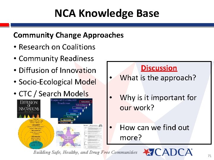 NCA Knowledge Base Community Change Approaches • Research on Coalitions • Community Readiness Discussion