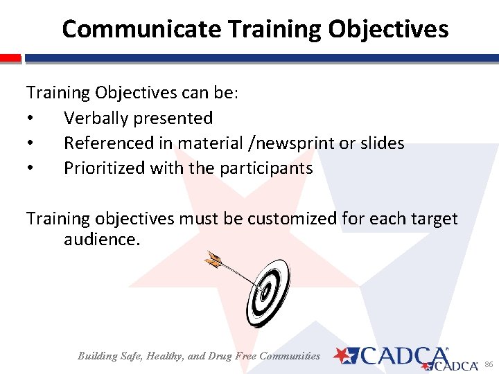  Communicate Training Objectives can be: • Verbally presented • Referenced in material /newsprint
