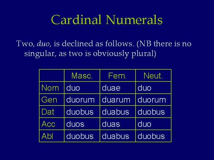 Cardinal Numerals Two, duo, is declined as follows. (NB there is no singular, as