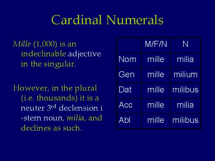 Cardinal Numerals Mille (1, 000) is an indeclinable adjective in the singular. However, in