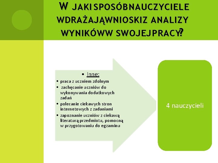 W JAKI SPOSÓB NAUCZYCIELE WDRAŻAJĄWNIOSKI Z ANALIZY WYNIKÓW W SWOJEJ PRACY? • Inne: •