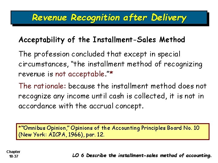 Revenue Recognition after Delivery Acceptability of the Installment-Sales Method The profession concluded that except