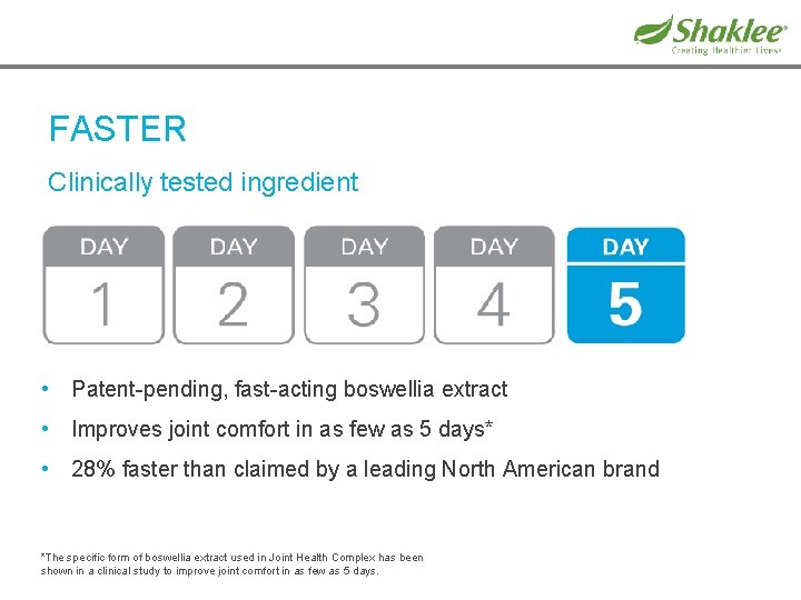 FASTER Clinically tested ingredient • Patent-pending, fast-acting boswellia extract • Improves joint comfort in