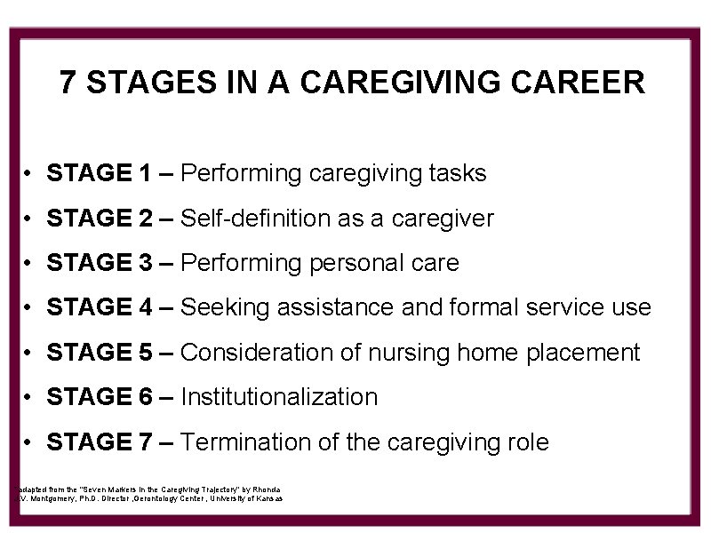 7 STAGES IN A CAREGIVING CAREER • STAGE 1 – Performing caregiving tasks •