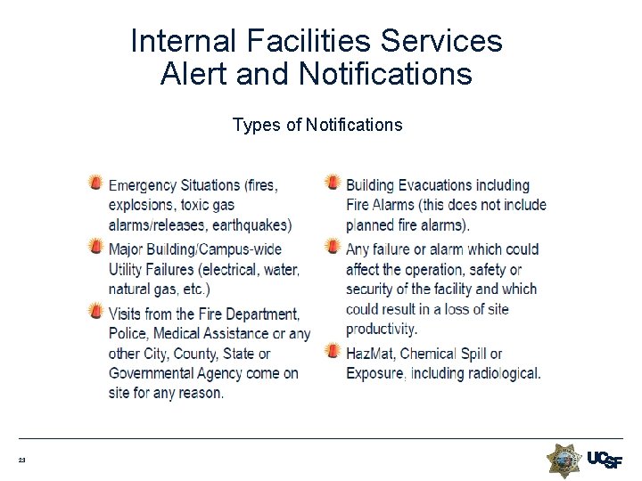 Internal Facilities Services Alert and Notifications Types of Notifications 23 Internal Facilities Services Alert and Notifications Types of Notifications 23