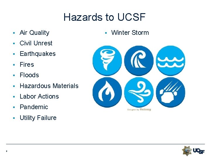 Hazards to UCSF 9 § Air Quality § Civil Unrest § Earthquakes § Fires Hazards to UCSF 9 § Air Quality § Civil Unrest § Earthquakes § Fires