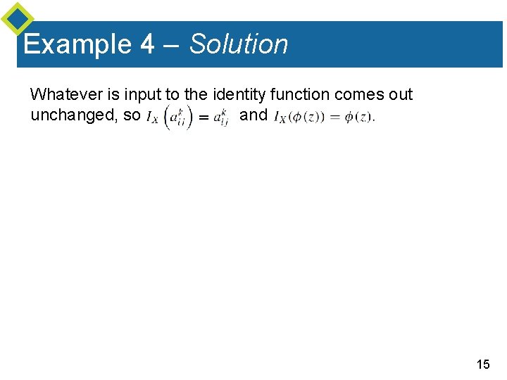 Example 4 – Solution Whatever is input to the identity function comes out unchanged,