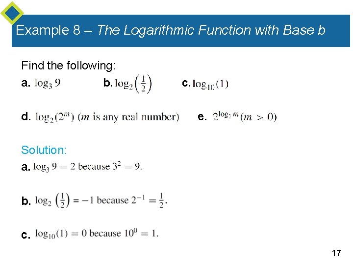 Example 8 – The Logarithmic Function with Base b Find the following: a. b.