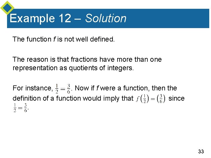 Example 12 – Solution The function f is not well defined. The reason is