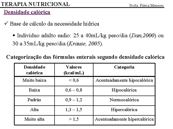 TERAPIA NUTRICIONAL Densidade calórica Profa. Flávia Meneses ü Base de cálculo da necessidade hídrica