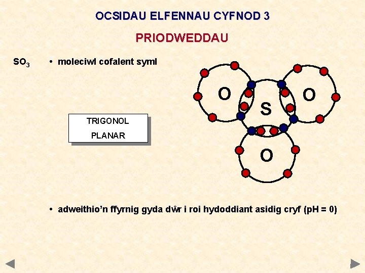 OCSIDAU ELFENNAU CYFNOD 3 PRIODWEDDAU SO 3 • moleciwl cofalent syml O TRIGONOL S