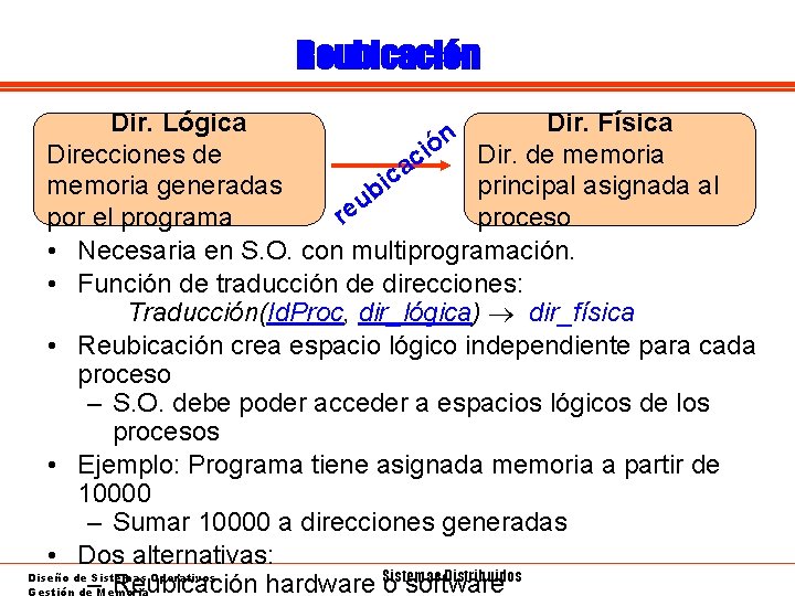 Reubicación Dir. Lógica Dir. Física n ó Dir. de memoria i Direcciones de c