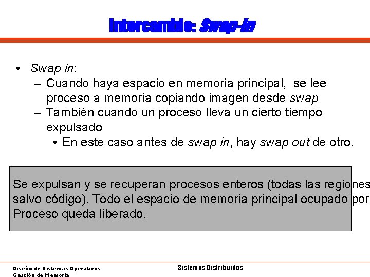 Intercambio: Swap-in • Swap in: – Cuando haya espacio en memoria principal, se lee
