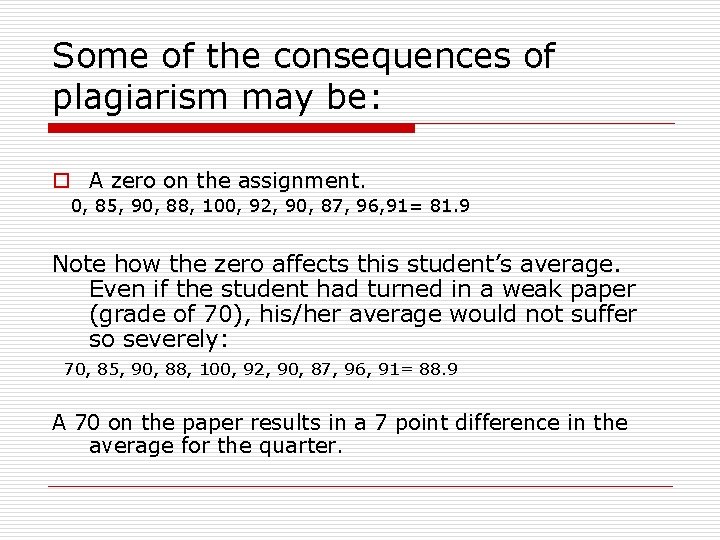 Some of the consequences of plagiarism may be: o A zero on the assignment.