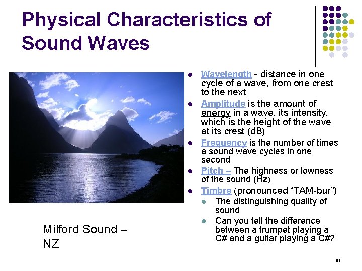 Physical Characteristics of Sound Waves l l l Milford Sound – NZ Wavelength -