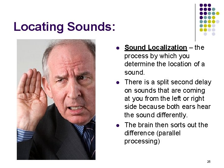Locating Sounds: l l l Sound Localization – the Localization process by which you