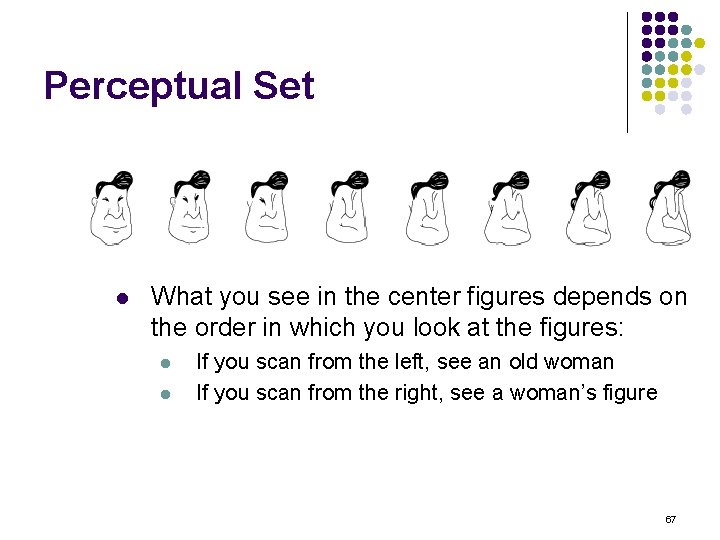 Perceptual Set l What you see in the center figures depends on the order