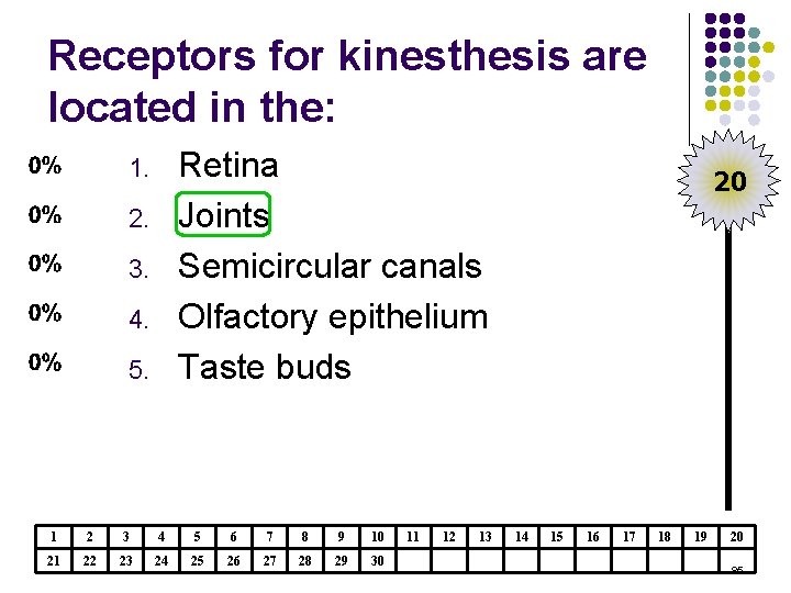 Receptors for kinesthesis are located in the: Retina Joints Semicircular canals Olfactory epithelium Taste