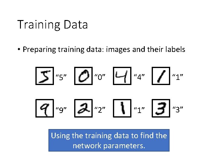 Training Data • Preparing training data: images and their labels “ 5” “ 0”