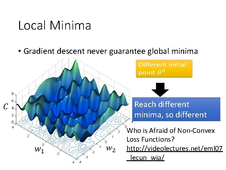 Local Minima • Gradient descent never guarantee global minima Reach different minima, so different