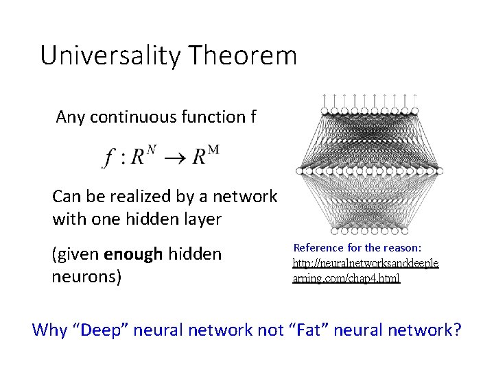 Universality Theorem Any continuous function f Can be realized by a network with one