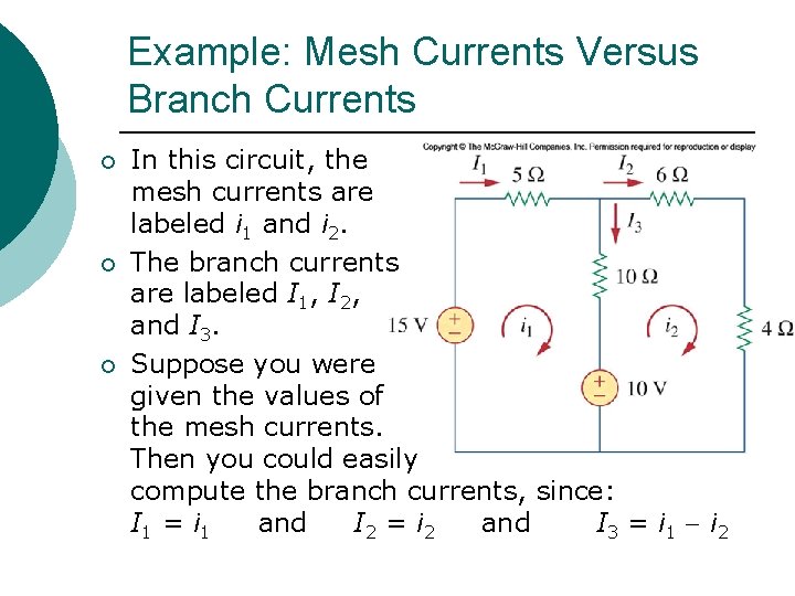 Example: Mesh Currents Versus Branch Currents ¡ ¡ ¡ In this circuit, the mesh