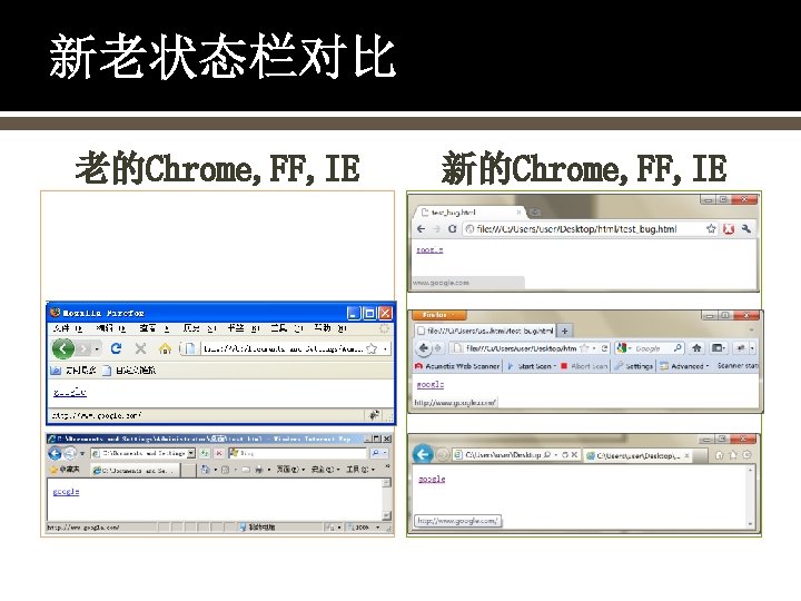 新老状态栏对比 老的Chrome, FF, IE 新的Chrome, FF, IE 