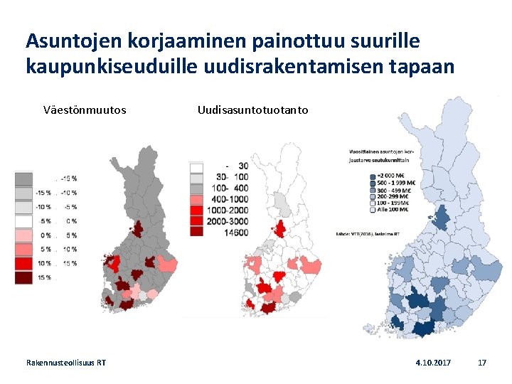 Asuntojen korjaaminen painottuu suurille kaupunkiseuduille uudisrakentamisen tapaan Väestönmuutos Rakennusteollisuus RT Uudisasuntotuotanto 4. 10. 2017