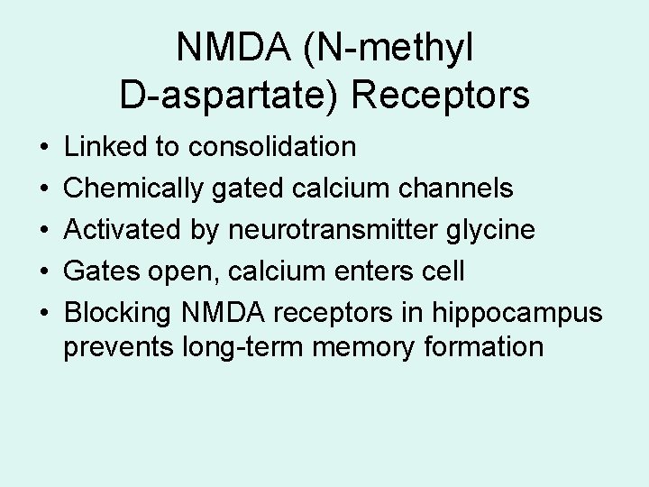 NMDA (N-methyl D-aspartate) Receptors • • • Linked to consolidation Chemically gated calcium channels NMDA (N-methyl D-aspartate) Receptors • • • Linked to consolidation Chemically gated calcium channels