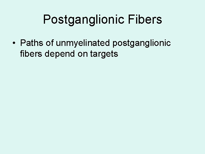 Postganglionic Fibers • Paths of unmyelinated postganglionic fibers depend on targets Postganglionic Fibers • Paths of unmyelinated postganglionic fibers depend on targets