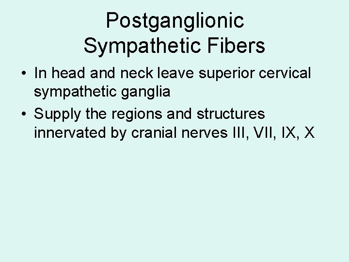 Postganglionic Sympathetic Fibers • In head and neck leave superior cervical sympathetic ganglia • Postganglionic Sympathetic Fibers • In head and neck leave superior cervical sympathetic ganglia •