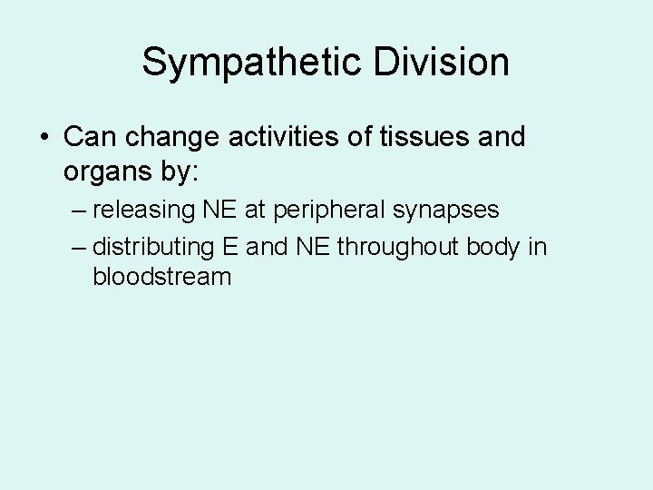 Sympathetic Division • Can change activities of tissues and organs by: – releasing NE Sympathetic Division • Can change activities of tissues and organs by: – releasing NE
