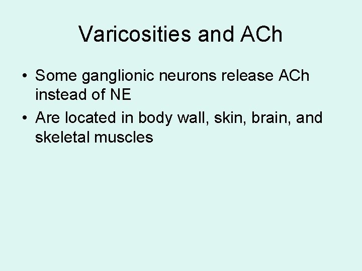 Varicosities and ACh • Some ganglionic neurons release ACh instead of NE • Are Varicosities and ACh • Some ganglionic neurons release ACh instead of NE • Are