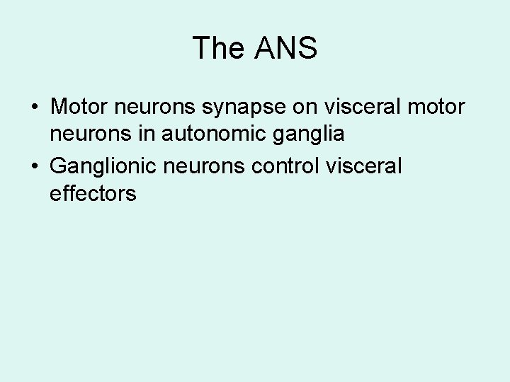 The ANS • Motor neurons synapse on visceral motor neurons in autonomic ganglia • The ANS • Motor neurons synapse on visceral motor neurons in autonomic ganglia •