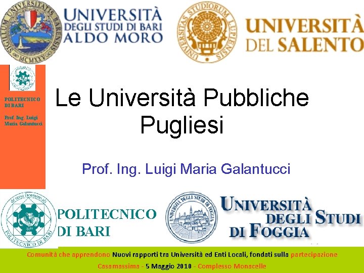 Logo Università POLITECNICO DI BARI Prof. Ing. Luigi Maria Galantucci Le Università Pubbliche Pugliesi