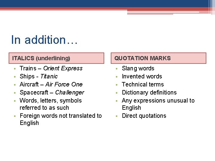 In addition… ITALICS (underlining) QUOTATION MARKS • • • Trains – Orient Express Ships