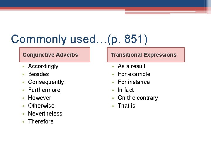 Commonly used…(p. 851) Conjunctive Adverbs Transitional Expressions • • • • Accordingly Besides Consequently