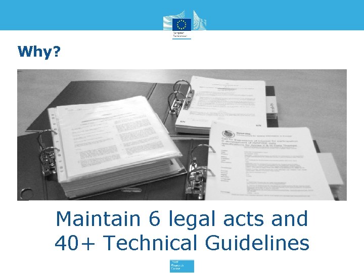 Why? Maintain 6 legal acts and 40+ Technical Guidelines 