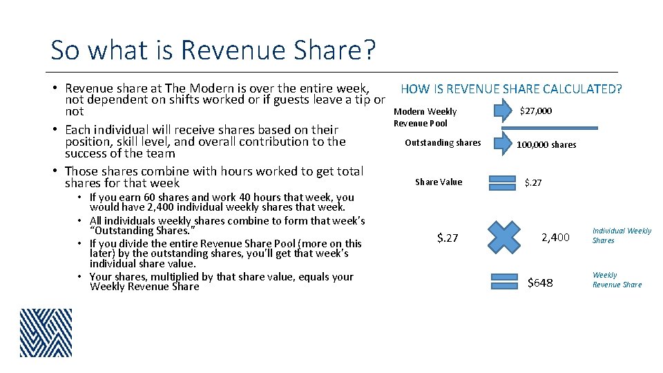 So what is Revenue Share? • Revenue share at The Modern is over the