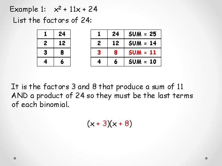 Example 1: x 2 + 11 x + 24 List the factors of 24: