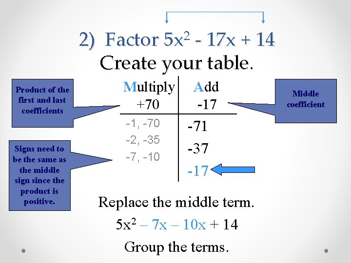 2) Factor 5 x 2 - 17 x + 14 Create your table. Product