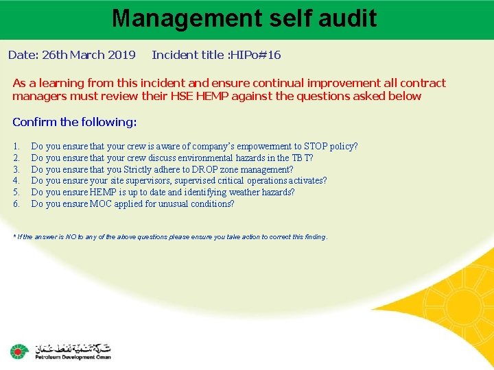 Management self audit Main contractor name – LTI# - Date of incident Date: 26