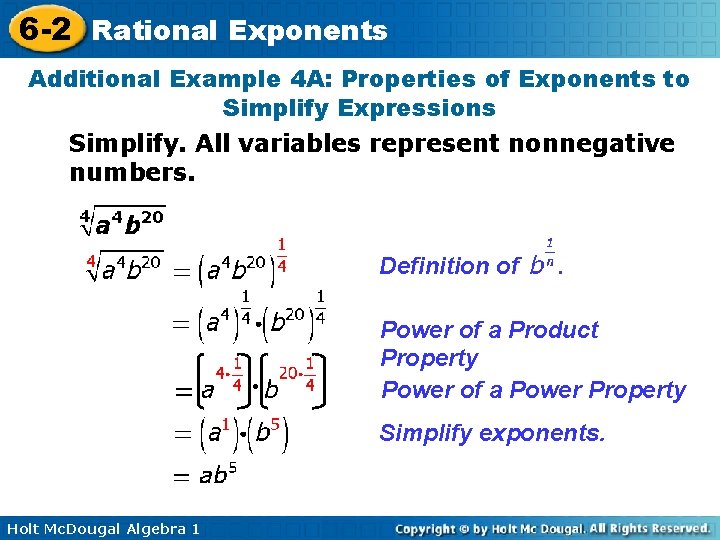 6 -2 Rational Exponents Additional Example 4 A: Properties of Exponents to Simplify Expressions
