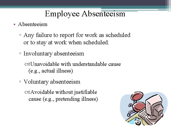 Employee Absenteeism • Absenteeism ▫ Any failure to report for work as scheduled or