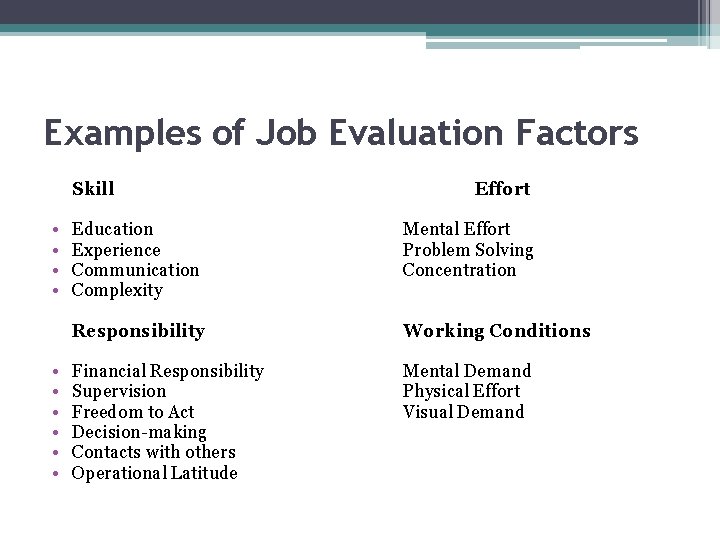 Examples of Job Evaluation Factors Skill Effort • • Education Experience Communication Complexity Mental