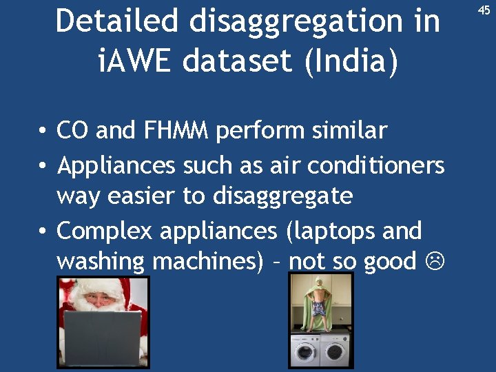 Detailed disaggregation in i. AWE dataset (India) • CO and FHMM perform similar • Detailed disaggregation in i. AWE dataset (India) • CO and FHMM perform similar •