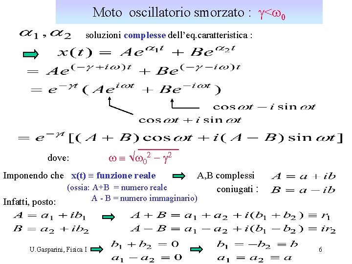 Moto oscillatorio smorzato : g<w 0 soluzioni complesse dell’eq. caratteristica : dove: w º