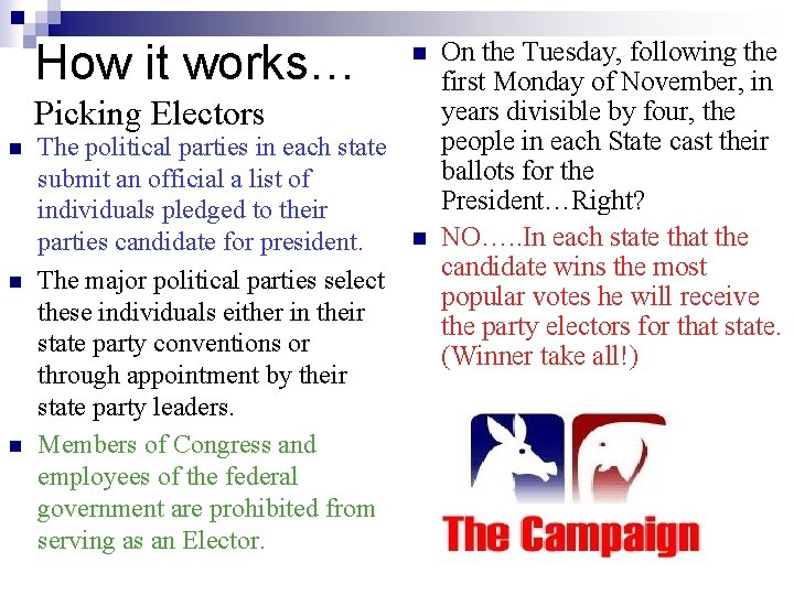 How it works… Picking Electors n n The political parties in each state submit