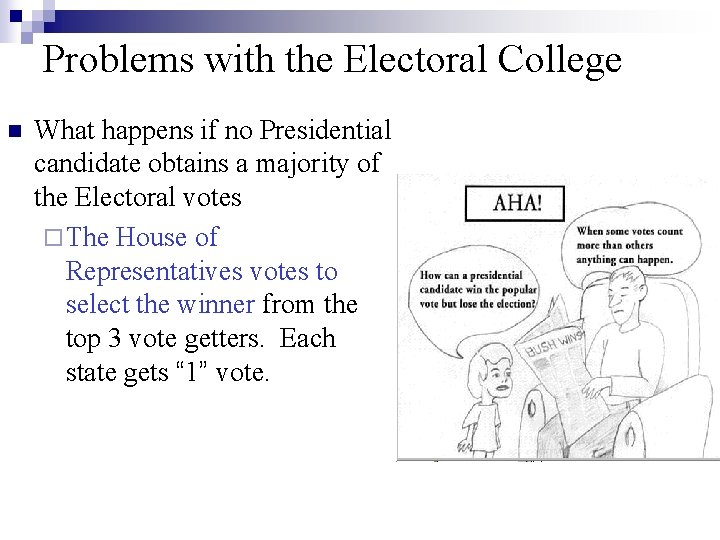 Problems with the Electoral College n What happens if no Presidential candidate obtains a