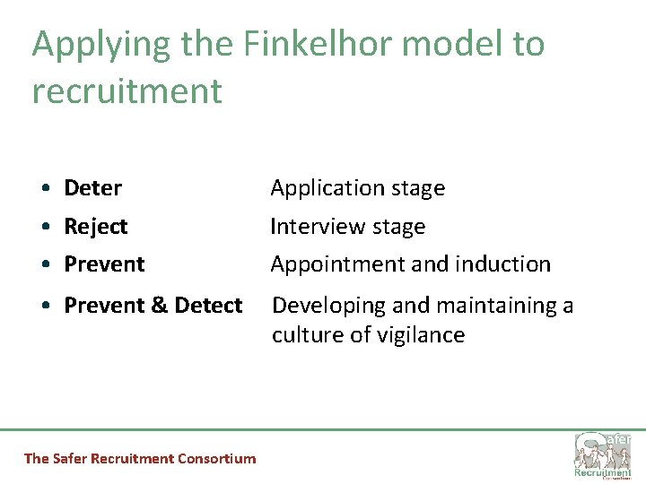 Applying the Finkelhor model to recruitment • Deter • Reject • Prevent Application stage